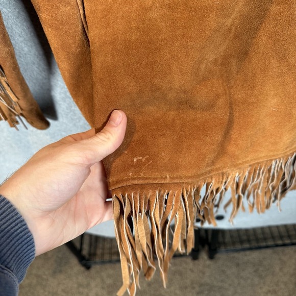 Leather Jacket Womens XL Fringe Brown Button Front Longline 70s Western - Picture 5 of 10